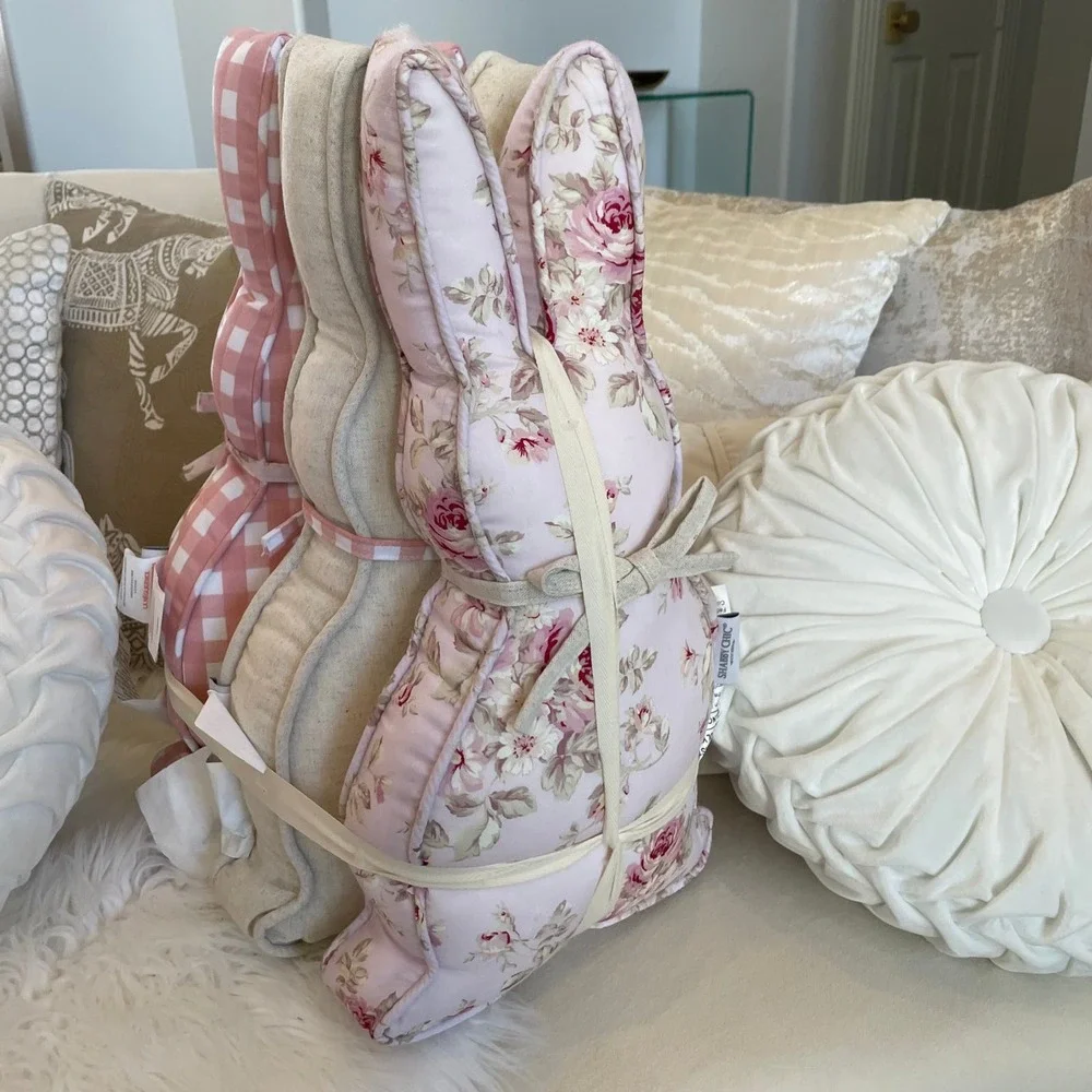 Easter SHABBY CHIC Bunny Rabbit Pillows Cottage Pink Floral Plaid Set of 3 NEW